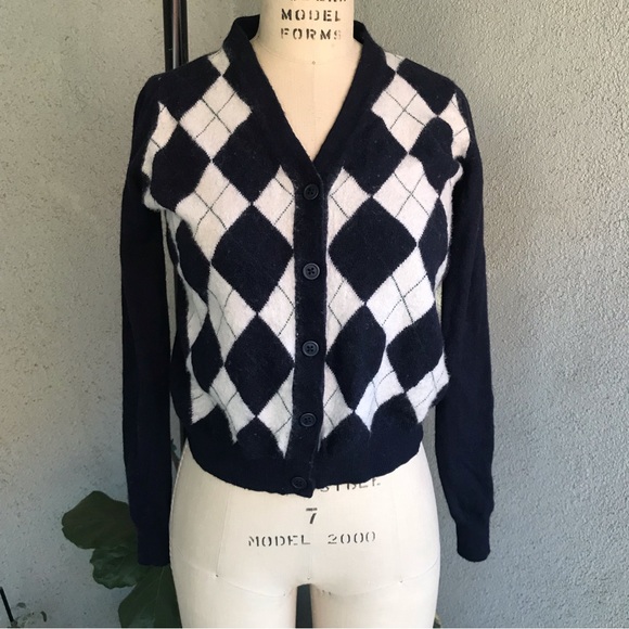BRANDY MELVILLE | Women’s OS Navy Argyle Wool Cashmere Blend Grandpa Cardigan - Picture 1 of 7